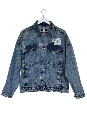 Elton John Acid Wash Trucker Retro Jean Jacket Double Sided Name Spell Out Sz XL